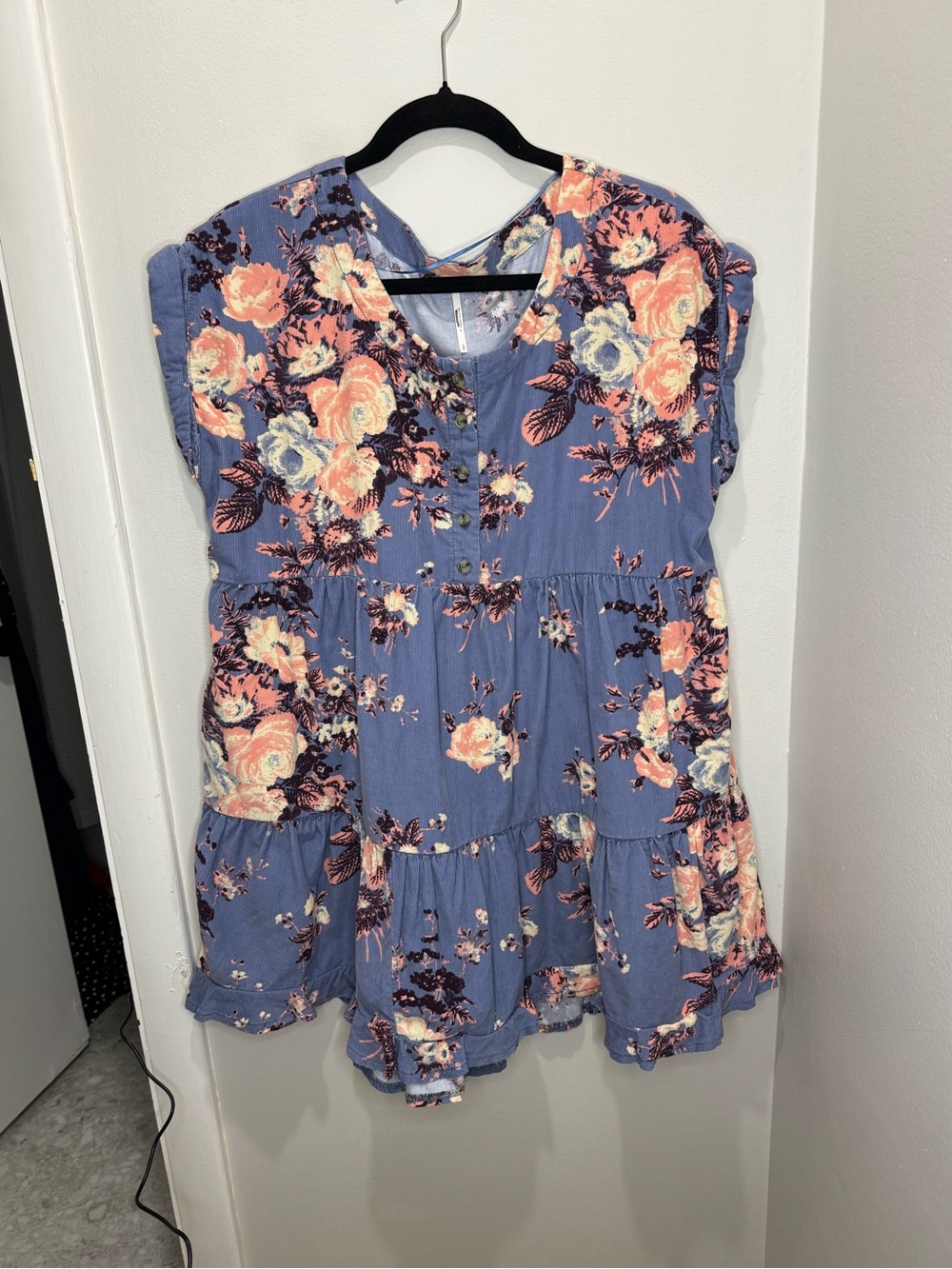 Free People Dusty Blue Floral Tiered V-Neck Tunic